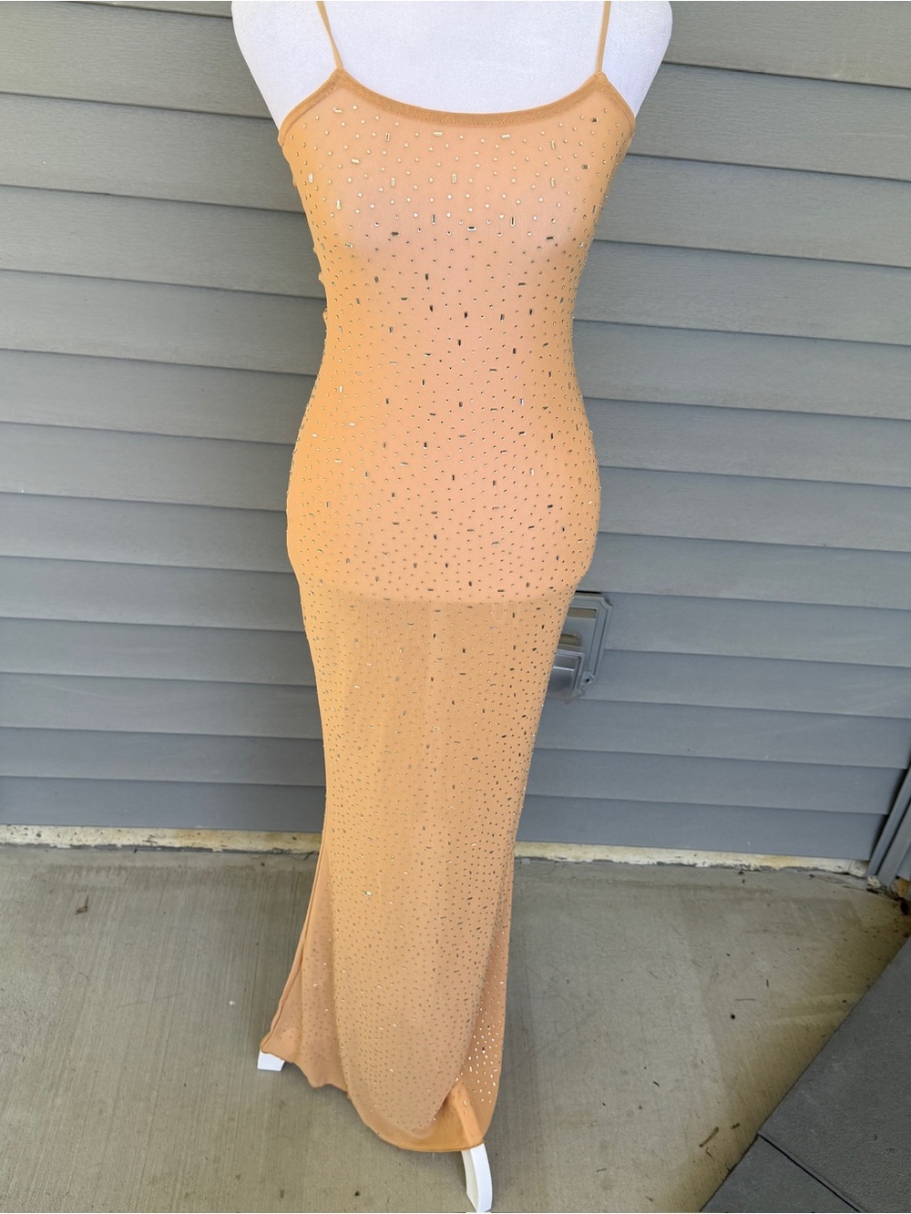 XS NWOT Square Neck Rhinestone Mesh Mermaid Maxi Dress Sparkly Bodycon Party